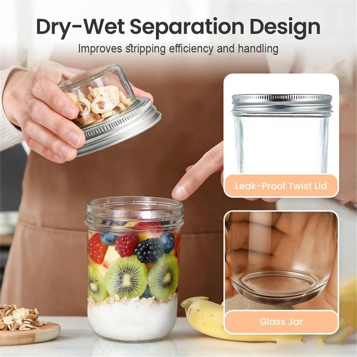 Meal Prep Overnight Oats - BAAE Overnight-Oats-Behälter mit Deckel, Doppelschichtige Glas-Mahlzeitenvorbereitungsbehälter