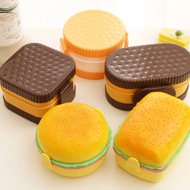 Meal Prep Tupperware - Hamburger-Lunchbox, doppelstöckig, niedlicher Burger-Bento-Lunchbox, Mikrowelle, Lebensmittelbehälter,